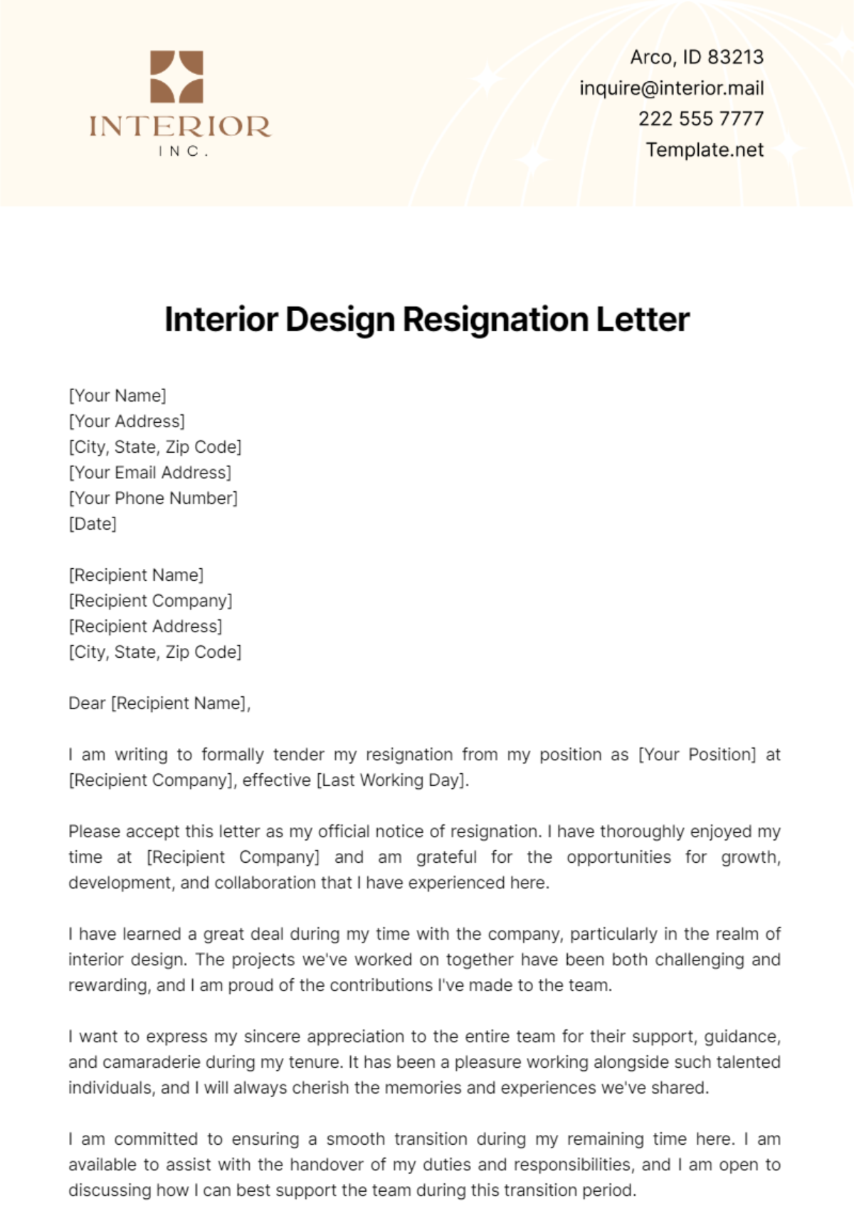 Interior Design Resignation Letter Template