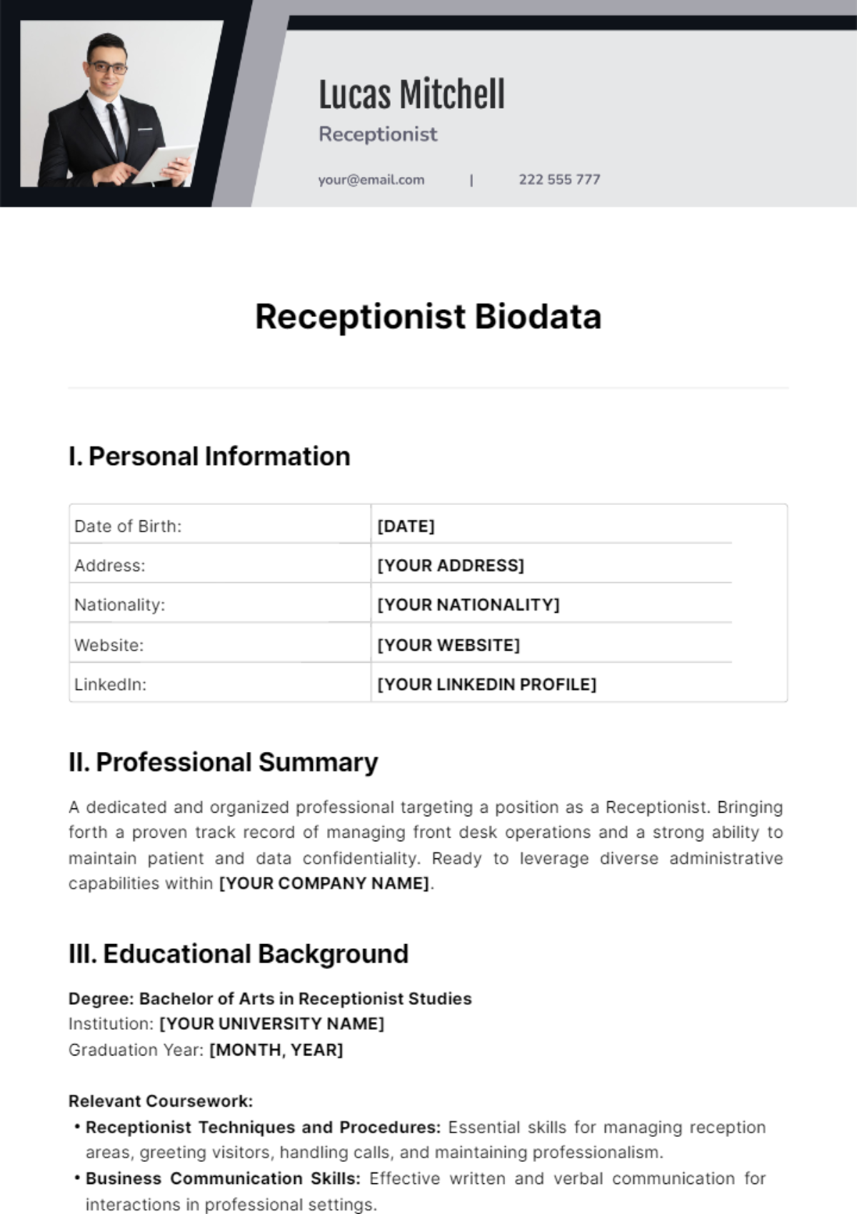 Receptionist Biodata Template - Edit Online & Download