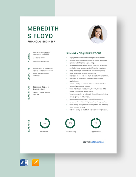 Financial Engineer Resume Template - Word, Apple Pages