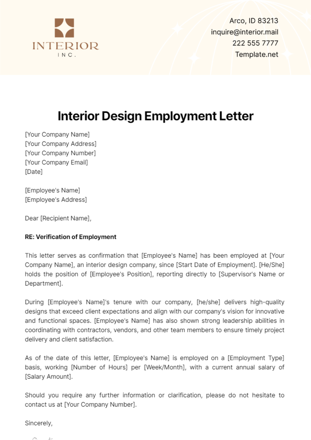 Interior Design Employment Letter Template