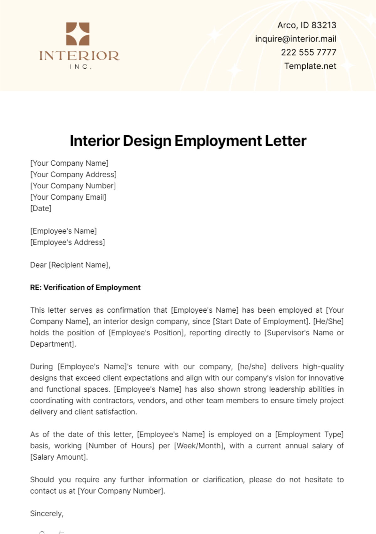 Interior Design Employment Letter Template - Edit Online & Download