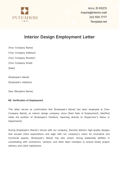 Free Interior Design Employment Letter Template to Edit Online