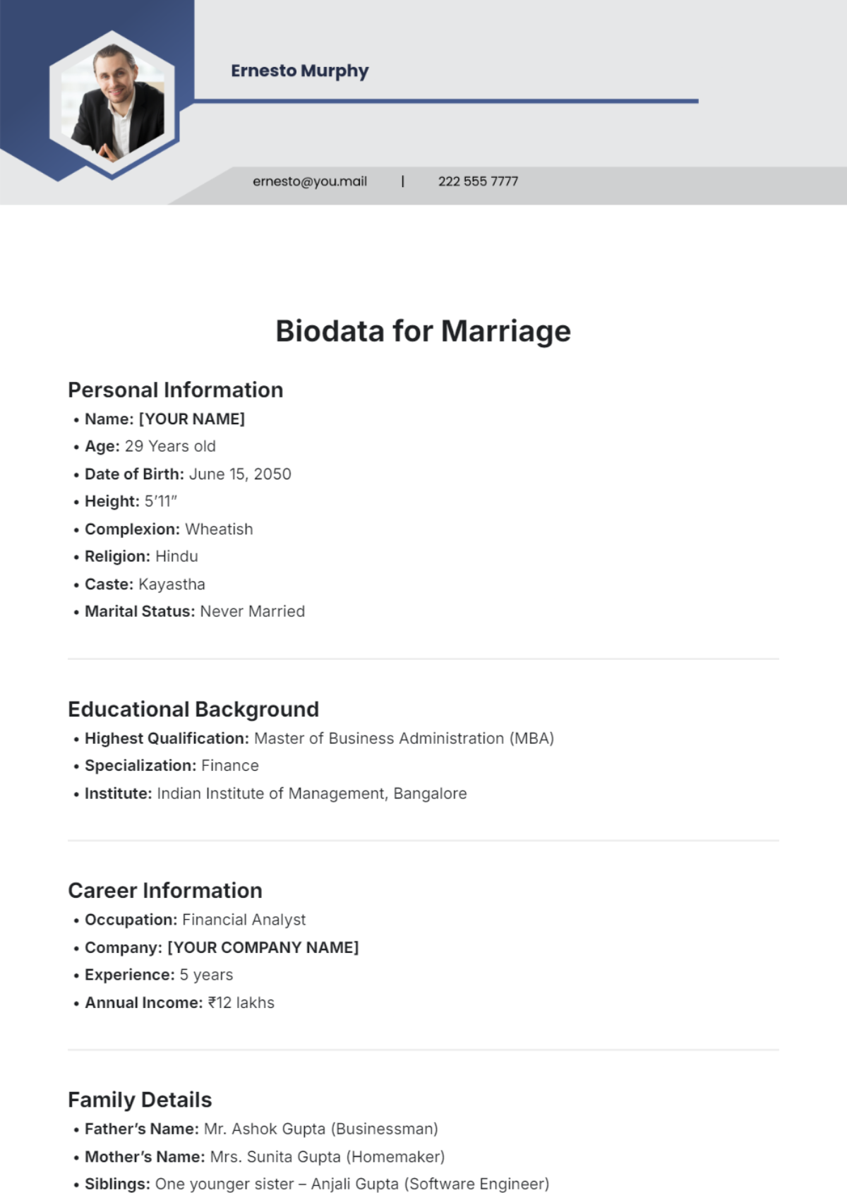 Biodata for Marriage Template