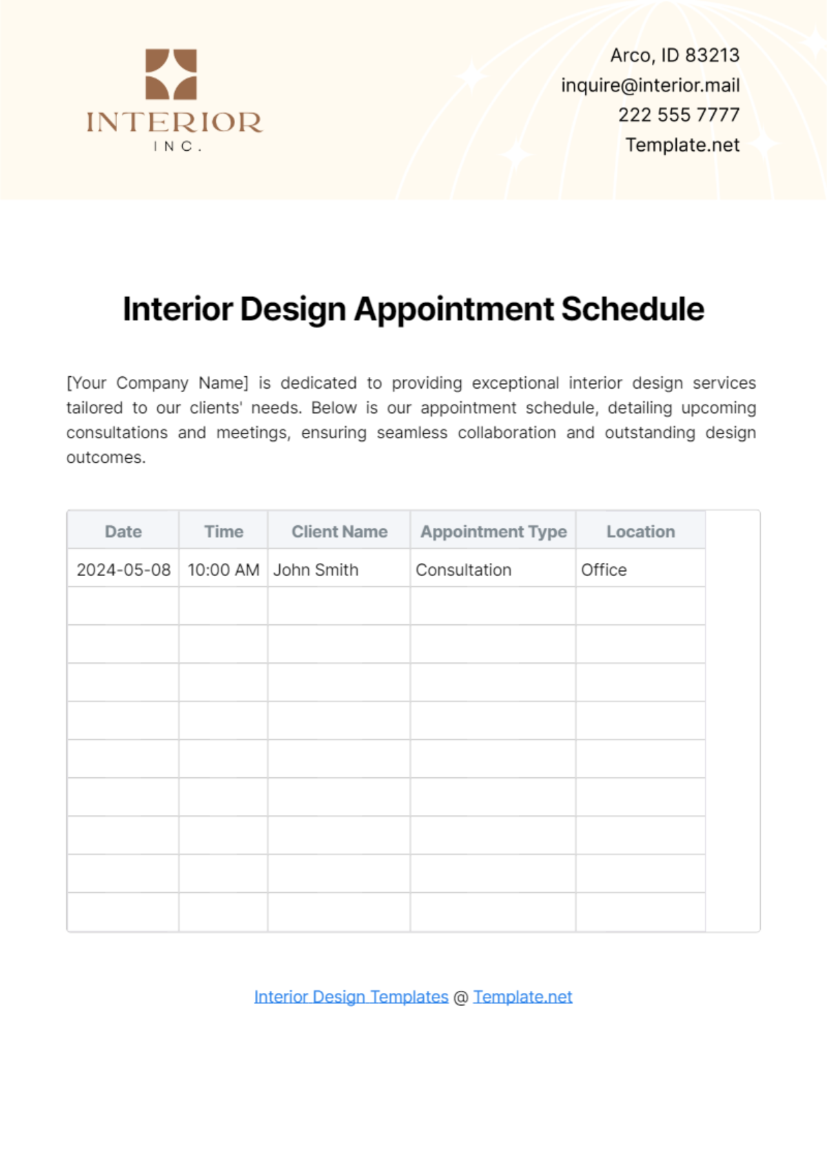 Interior Design Appointment Schedule Template - Edit Online & Download