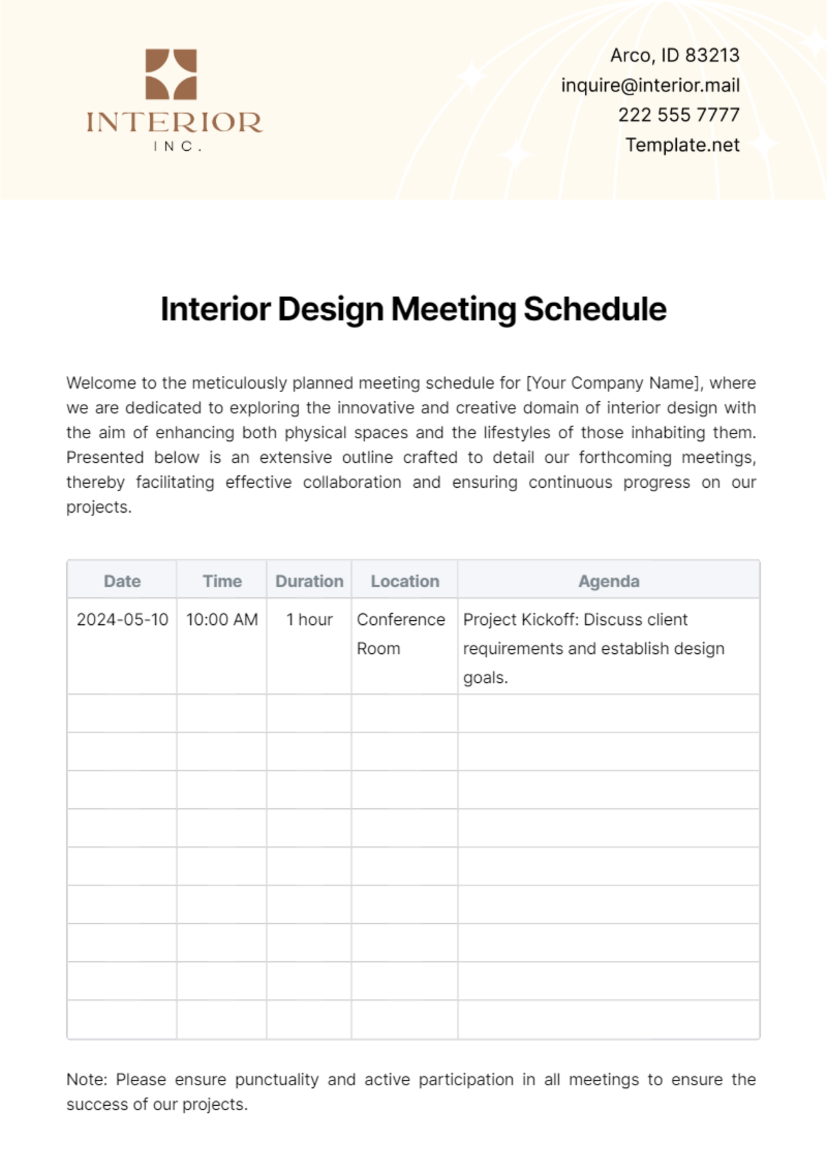 Interior Design Meeting Schedule Template - Edit Online & Download