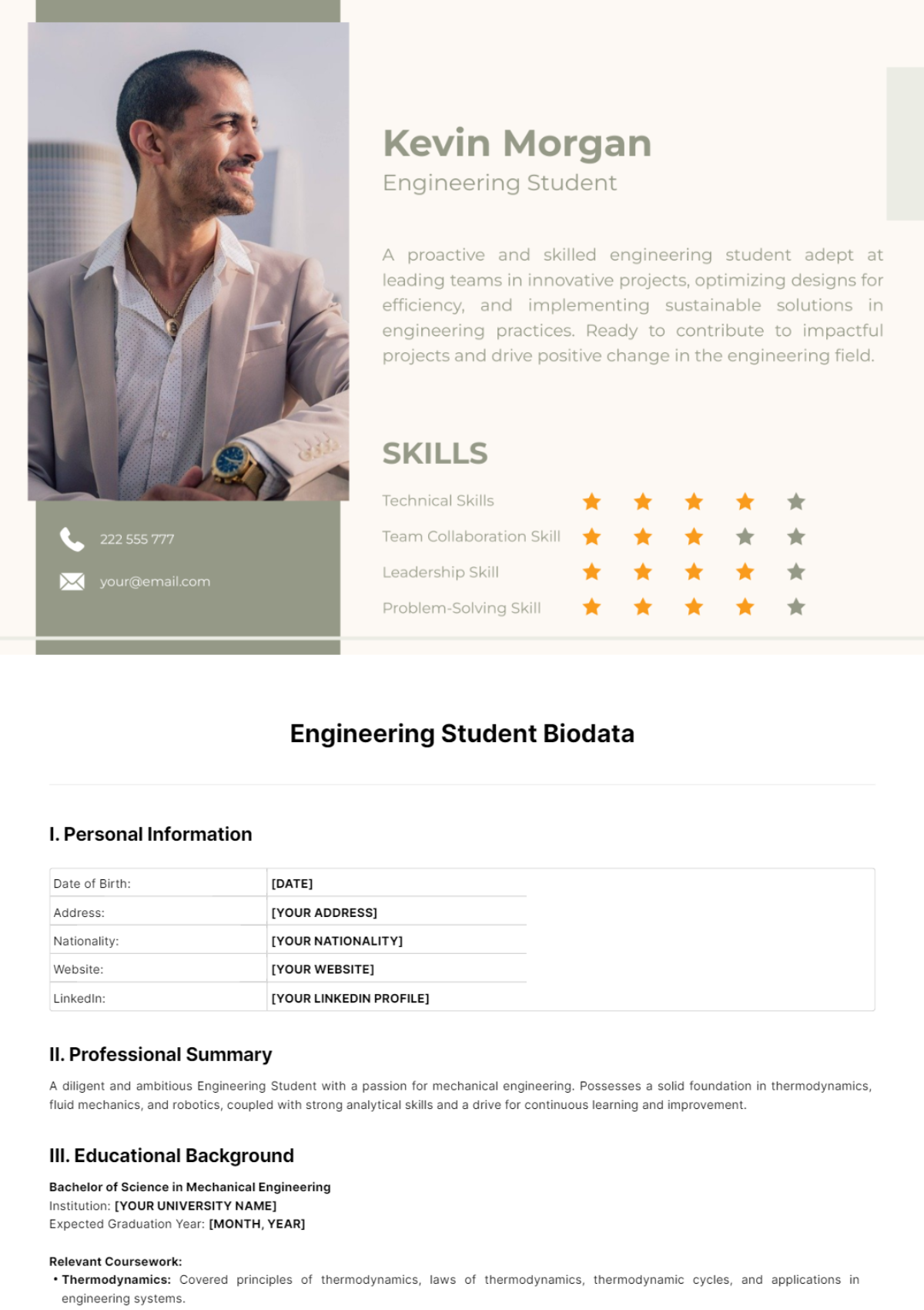 Engineering Student Biodata Template - Edit Online & Download