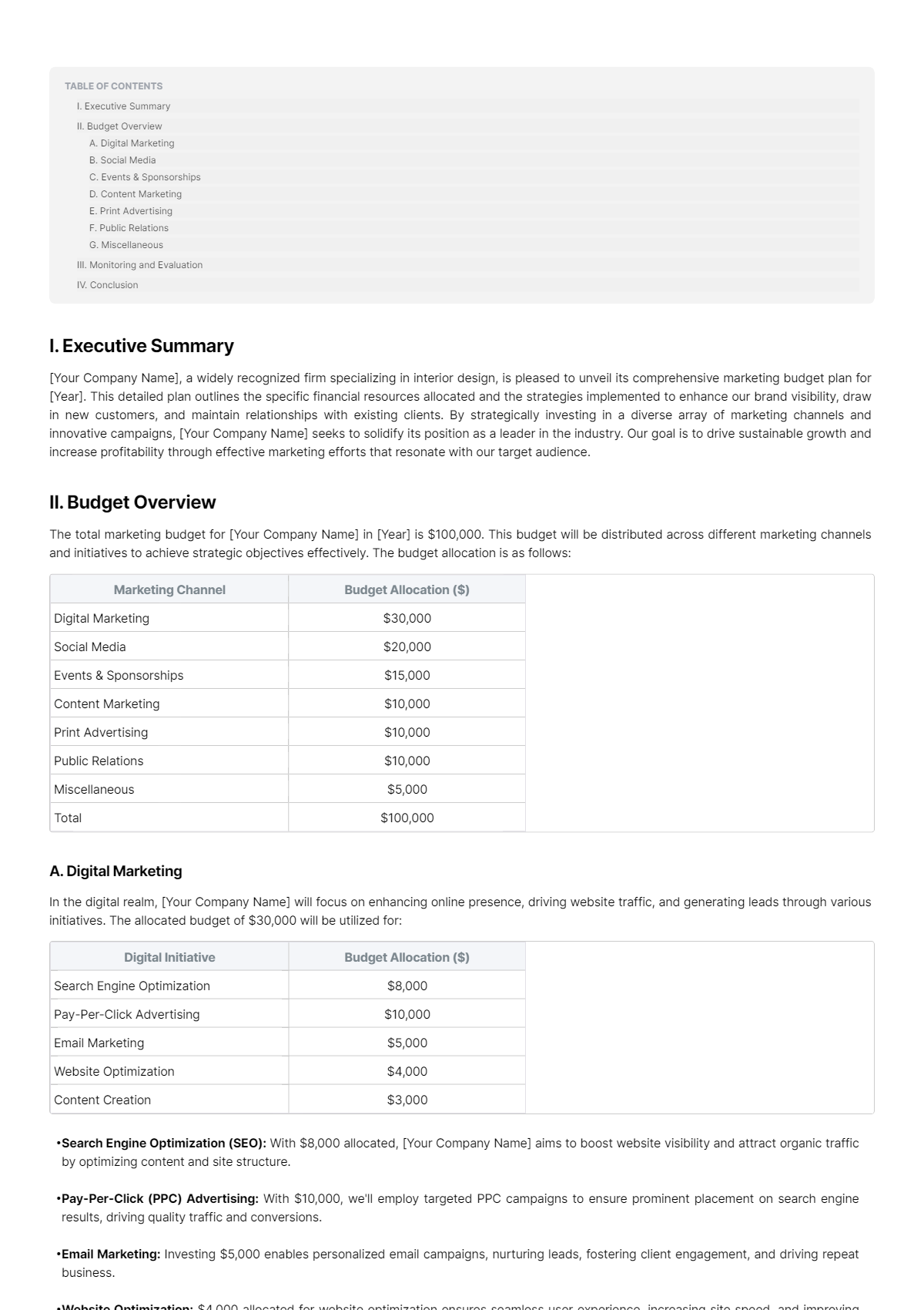 Interior Design Marketing Budget Plan Template - Edit Online & Download