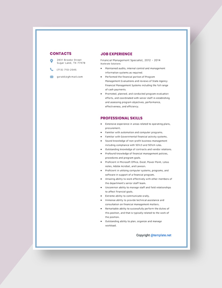 Financial Management Specialist Resume Template