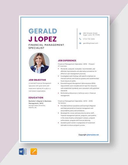 Financial Management Specialist Resume Template - Word, Apple Pages