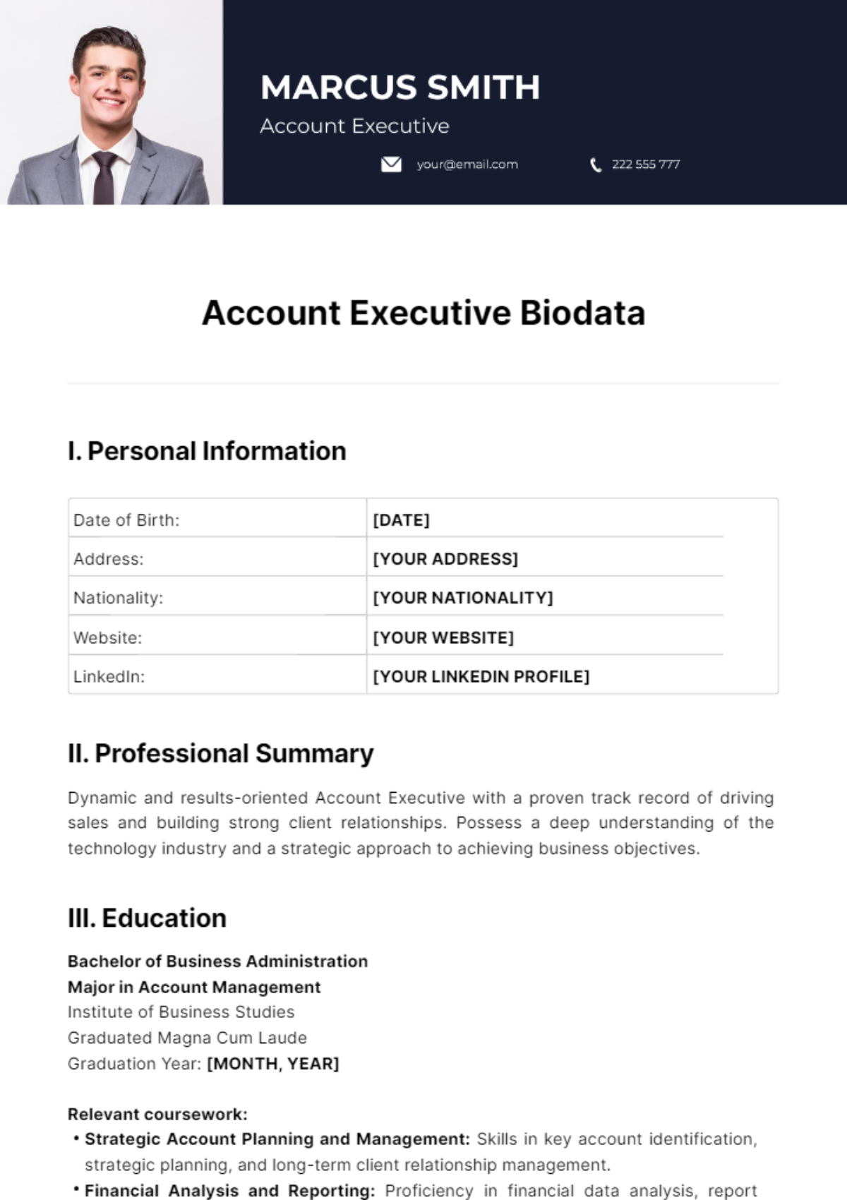 Account Executive Biodata Template - Edit Online & Download