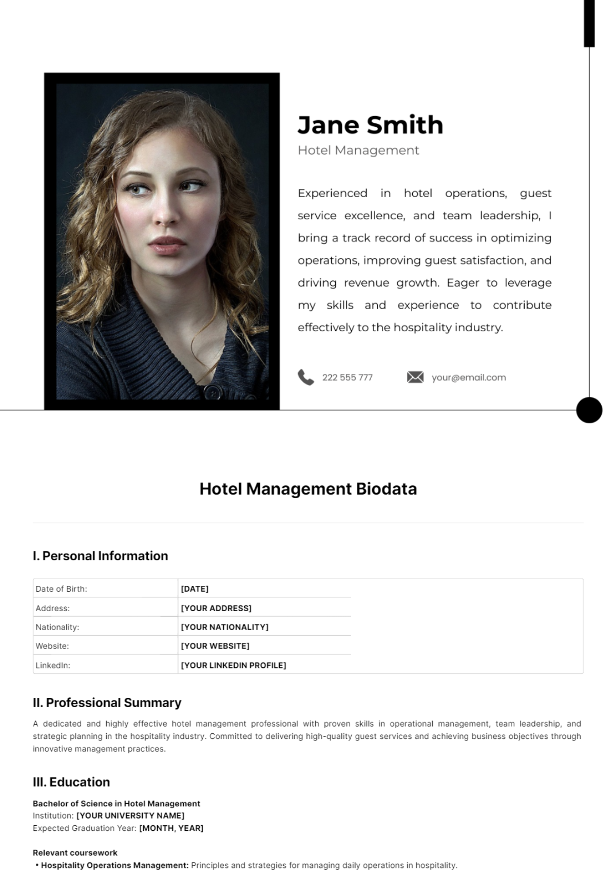 Hotel Management Biodata Template - Edit Online & Download