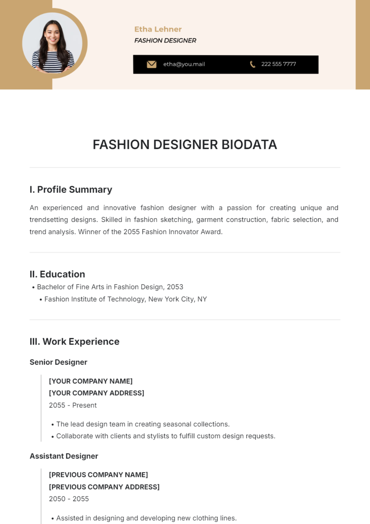 Fashion Designer Biodata Template