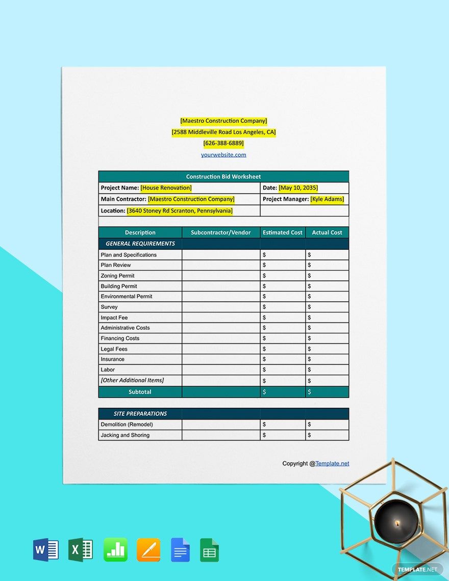 Basic Construction Worksheet Format