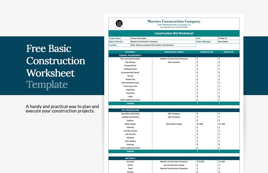 Construction Worksheet Google Sheet Templates Free, Download