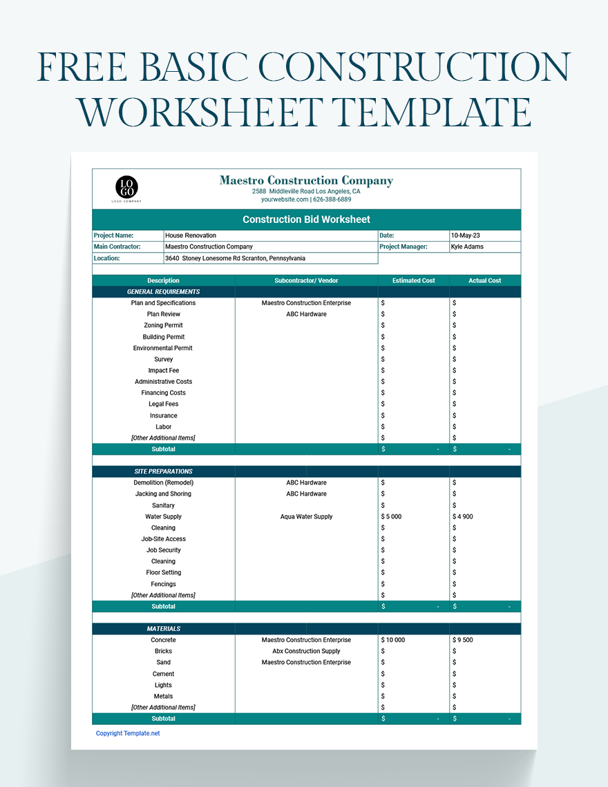 Basic Construction Worksheet Template