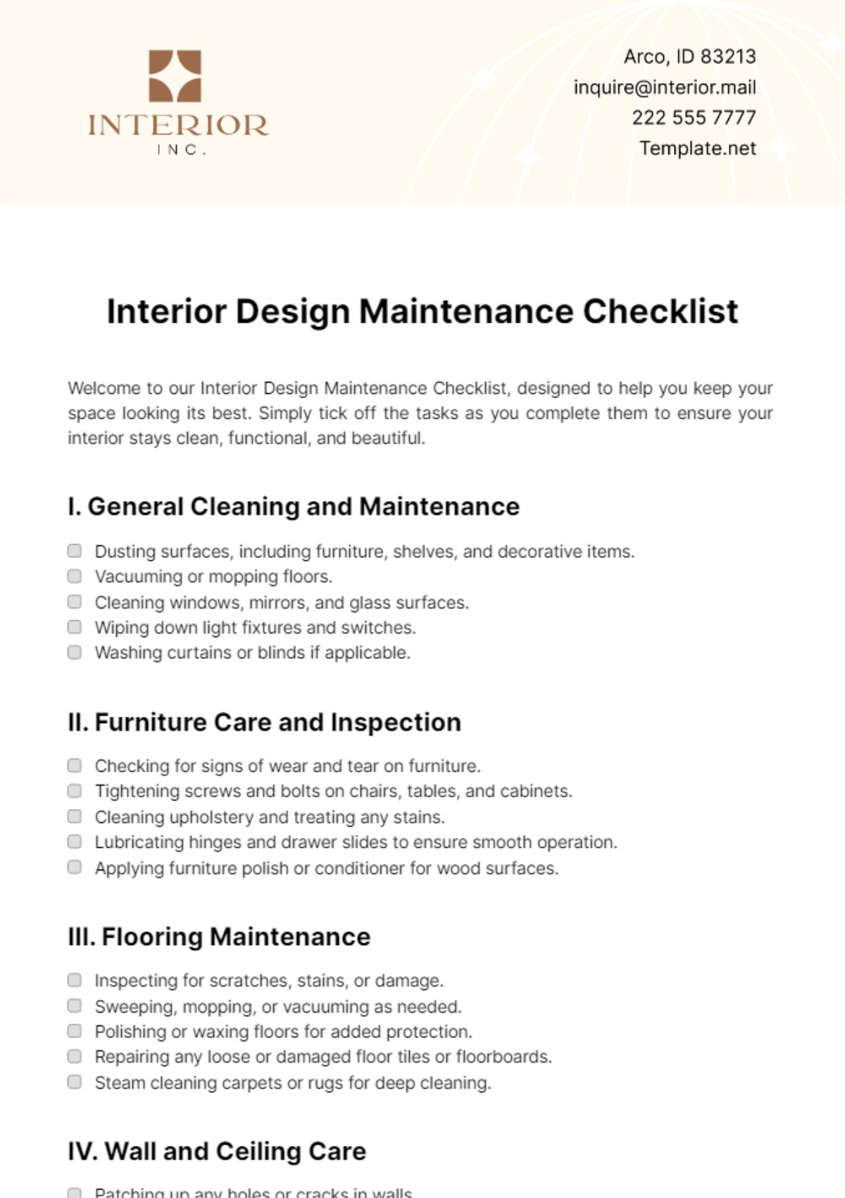 Interior Design Maintenance Checklist Template - Edit Online & Download