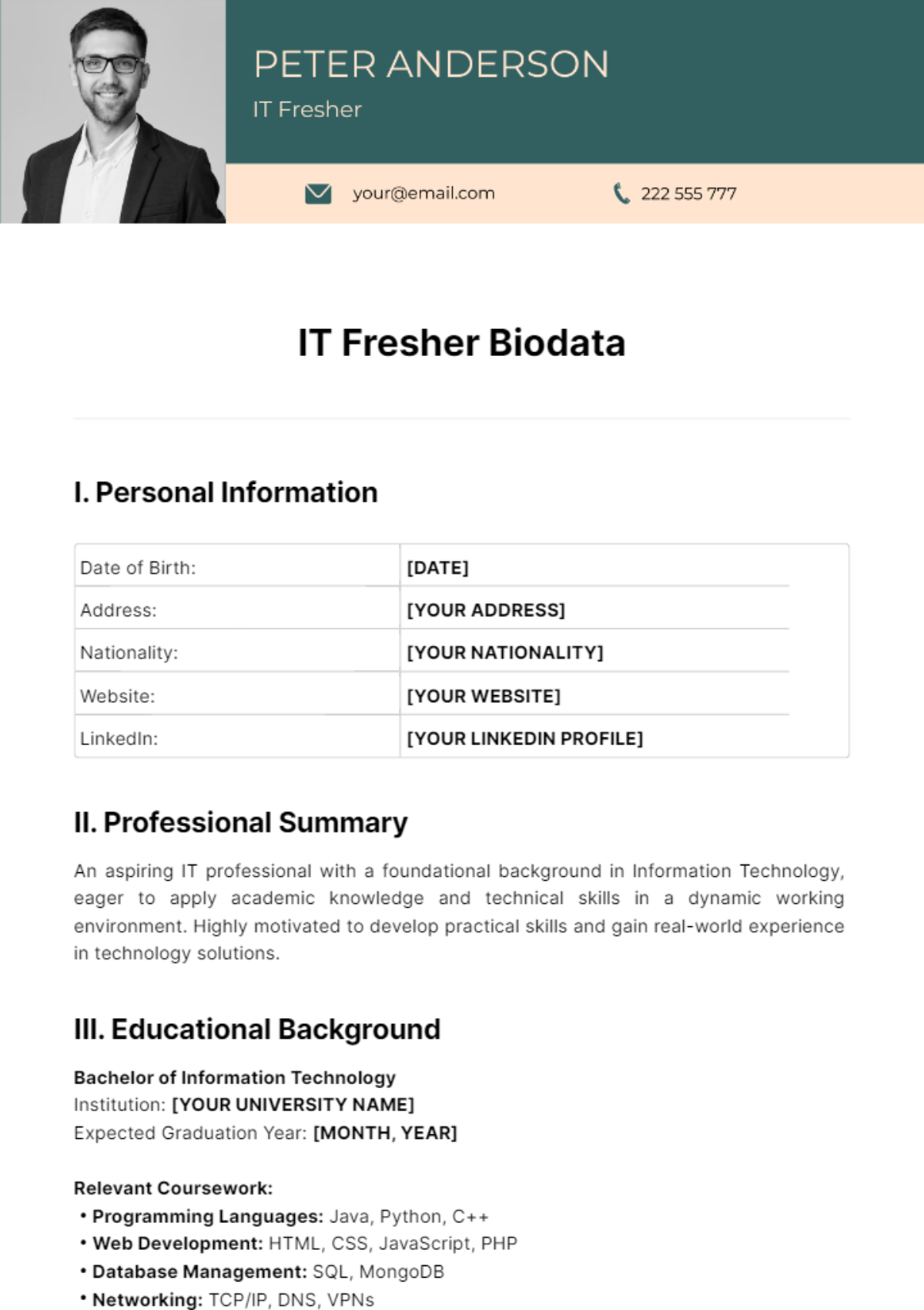 IT Fresher Biodata Template - Edit Online & Download