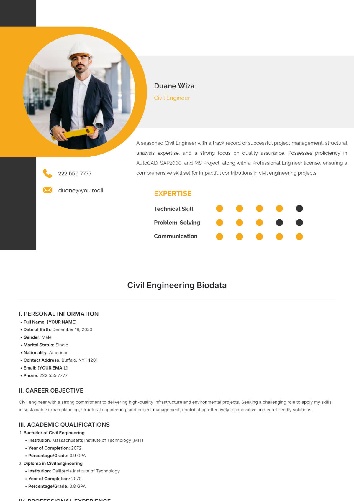 Civil Engineering Biodata Template - Edit Online & Download