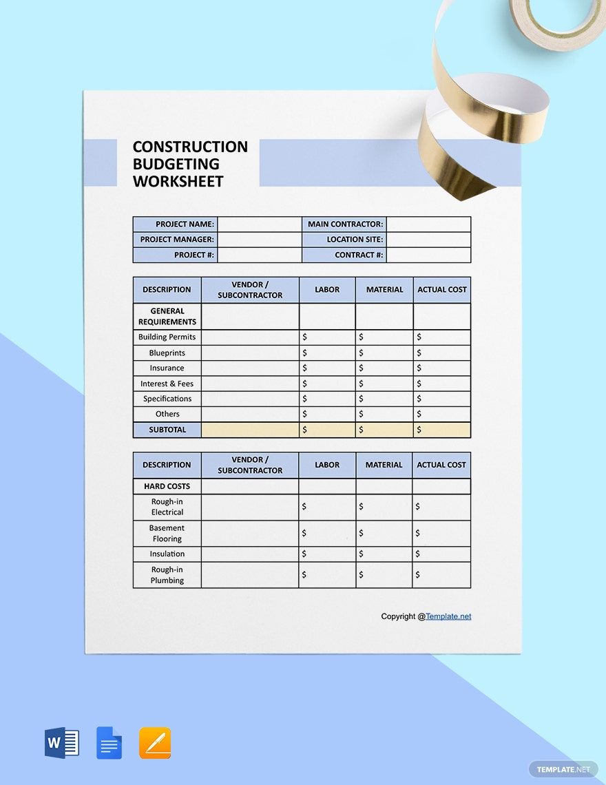 Free Printable Construction Worksheet Template Word, Apple Pages