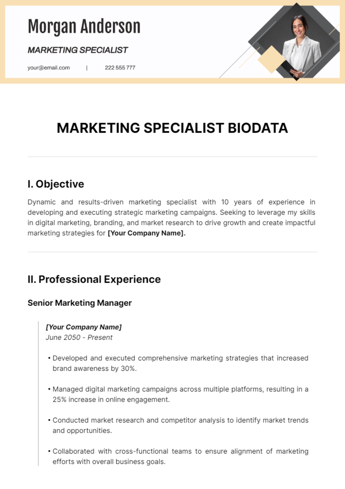 Marketing Specialist Biodata Template  - Edit Online & Download