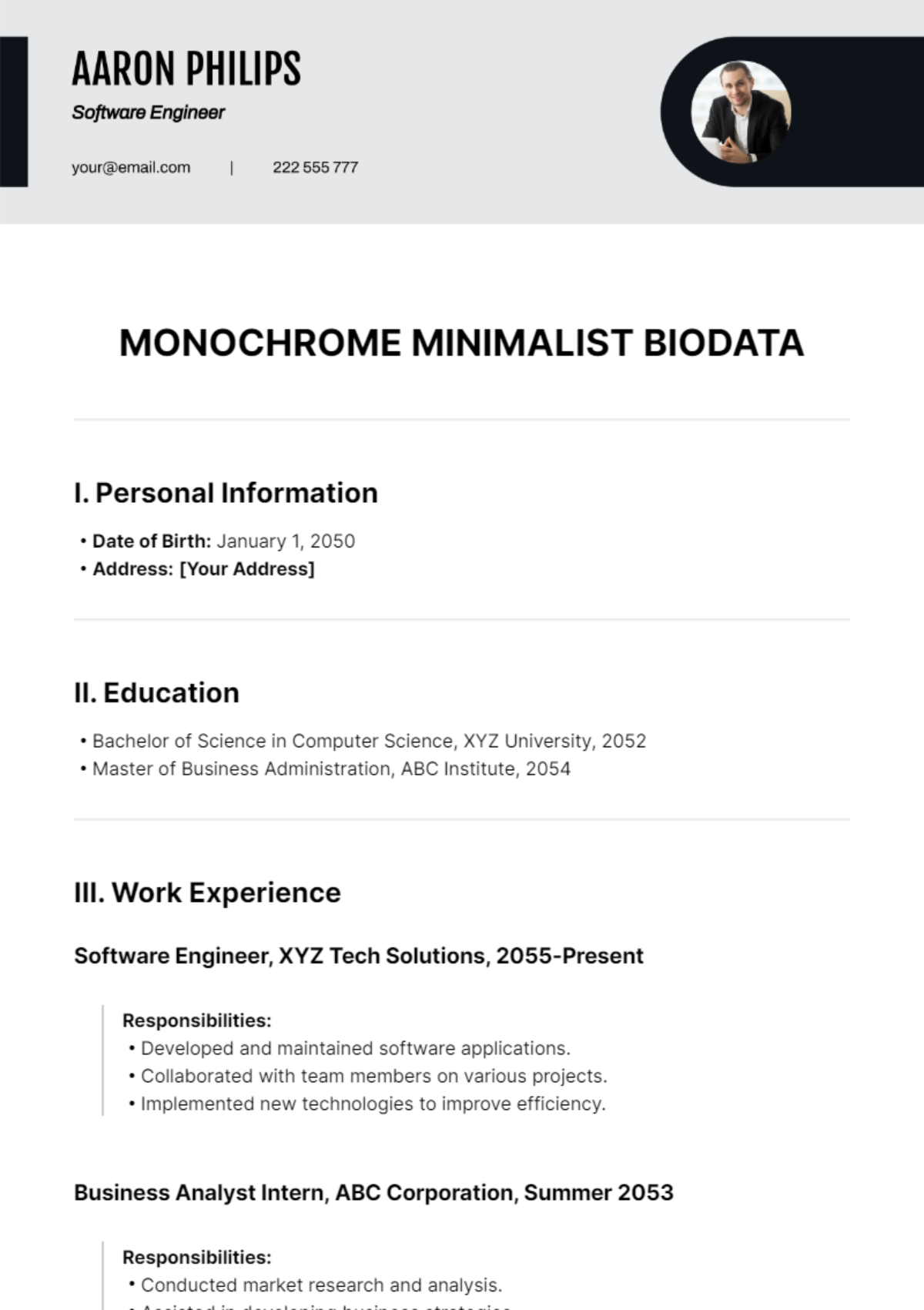 Monochrome Minimalist Biodata Template - Edit Online & Download