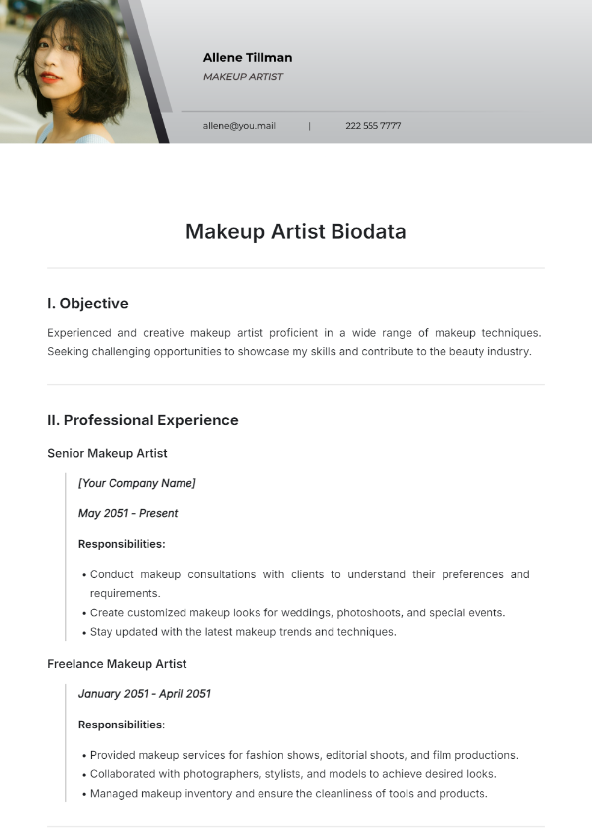 Makeup Artist Biodata Template - Edit Online & Download