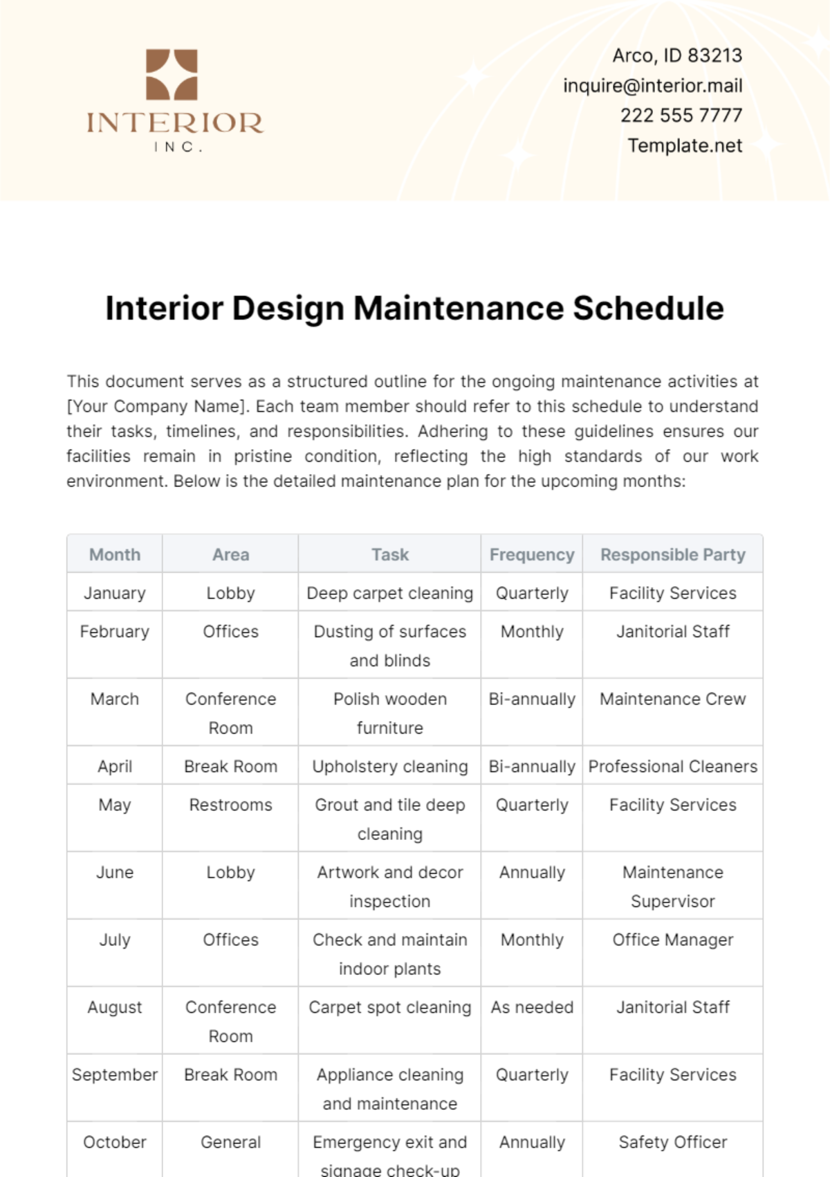 Interior Design Maintenance Schedule Template - Edit Online & Download