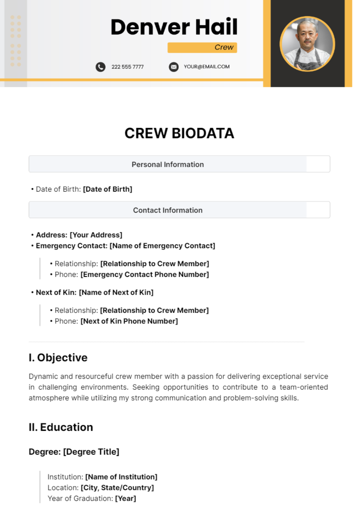 Crew Biodata Template - Edit Online & Download