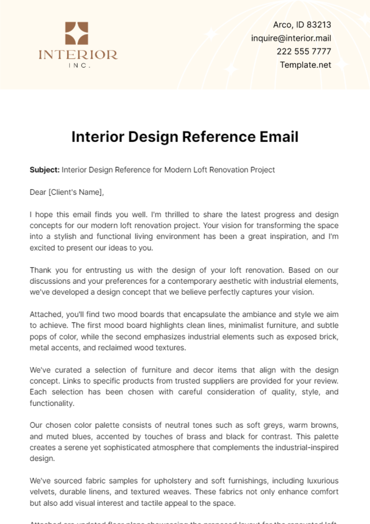 Interior Design Reference Email Template - Edit Online & Download