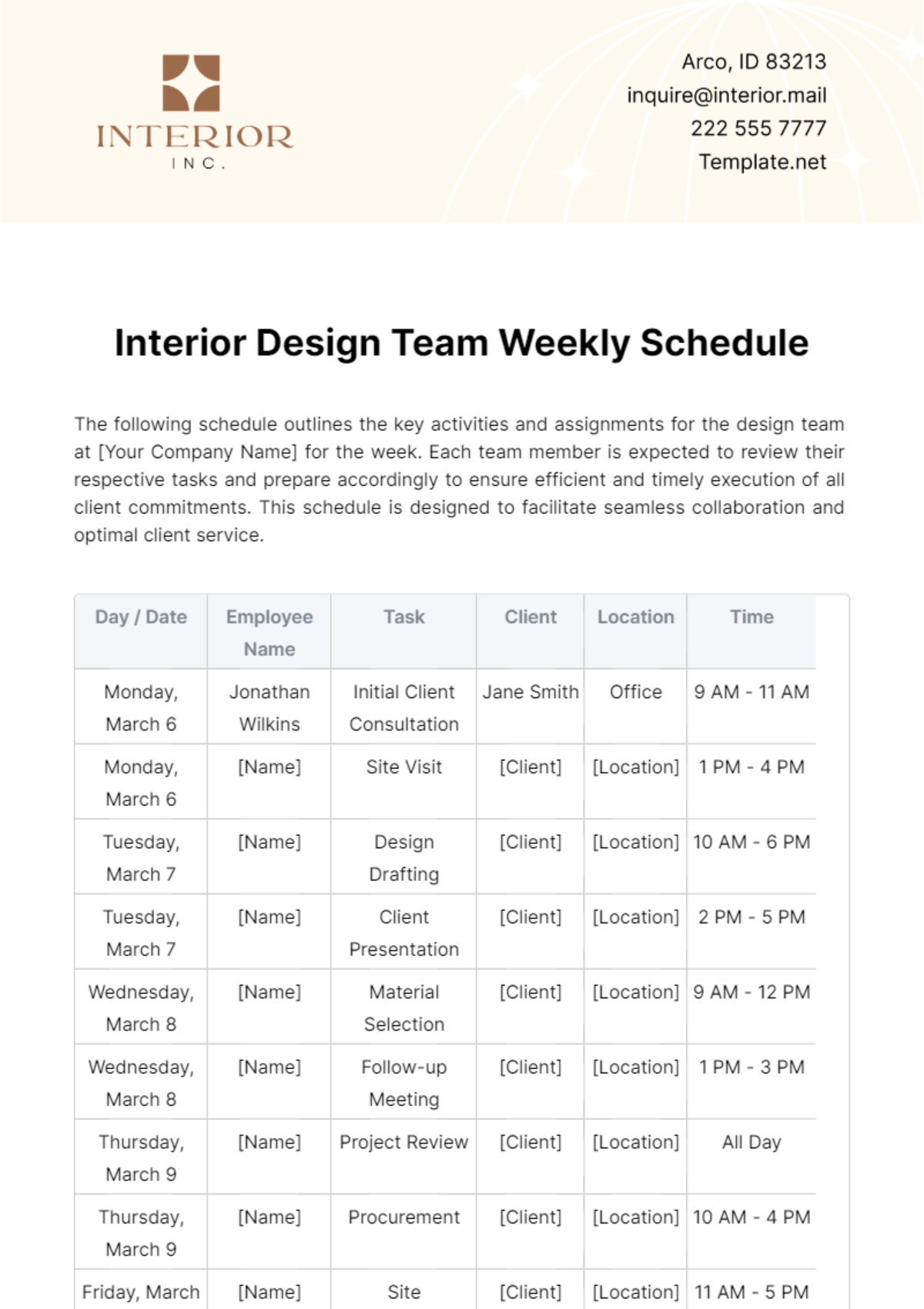 Interior Design Employee Schedule Template