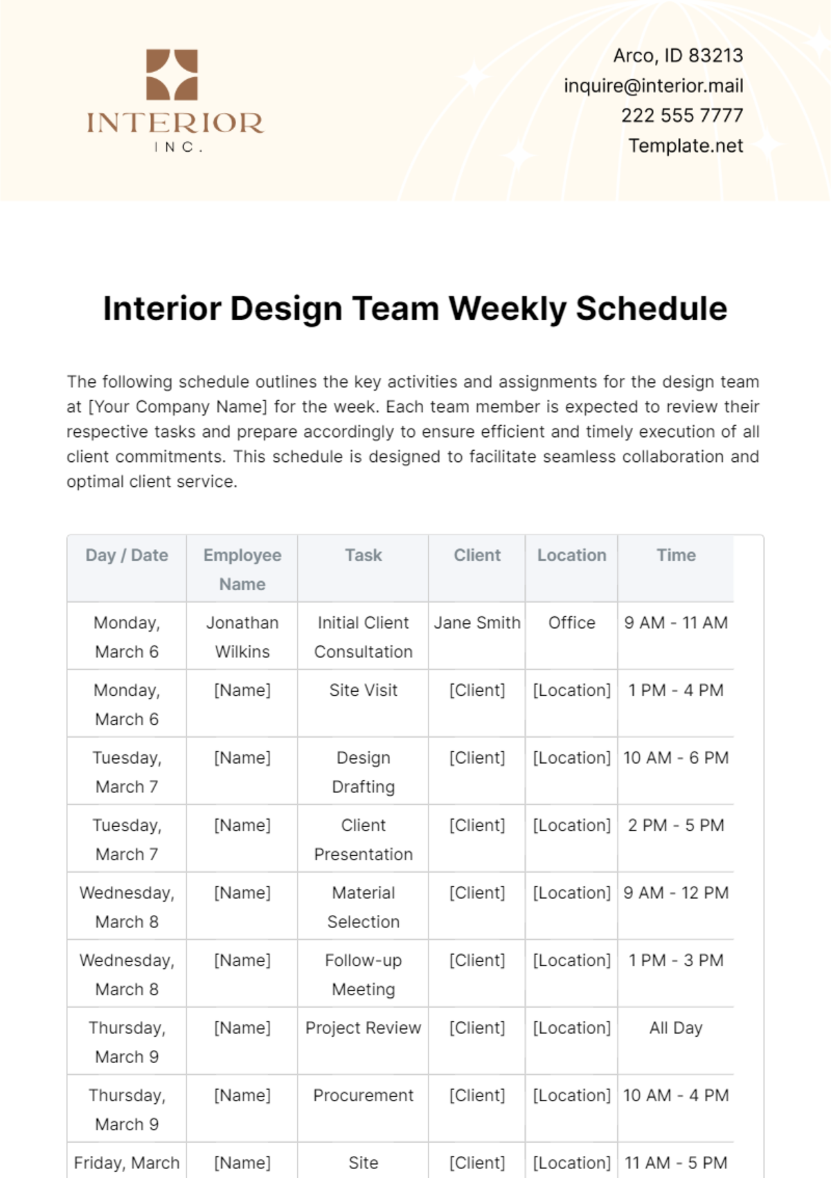 Interior Design Employee Schedule Template - Edit Online & Download