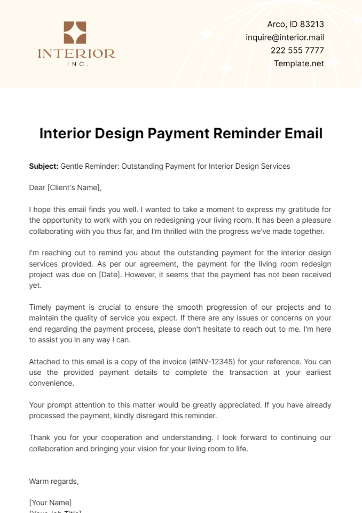 Interior Design Payment Reminder Email Template - Edit Online & Download