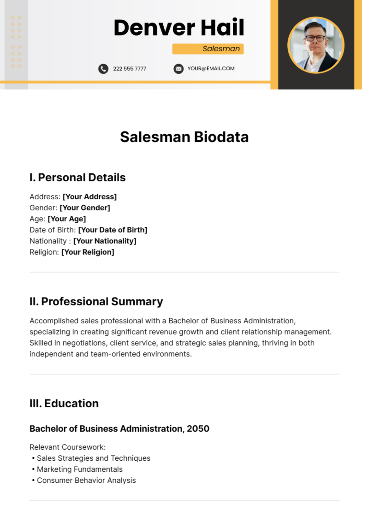 Salesman Biodata Template - Edit Online & Download