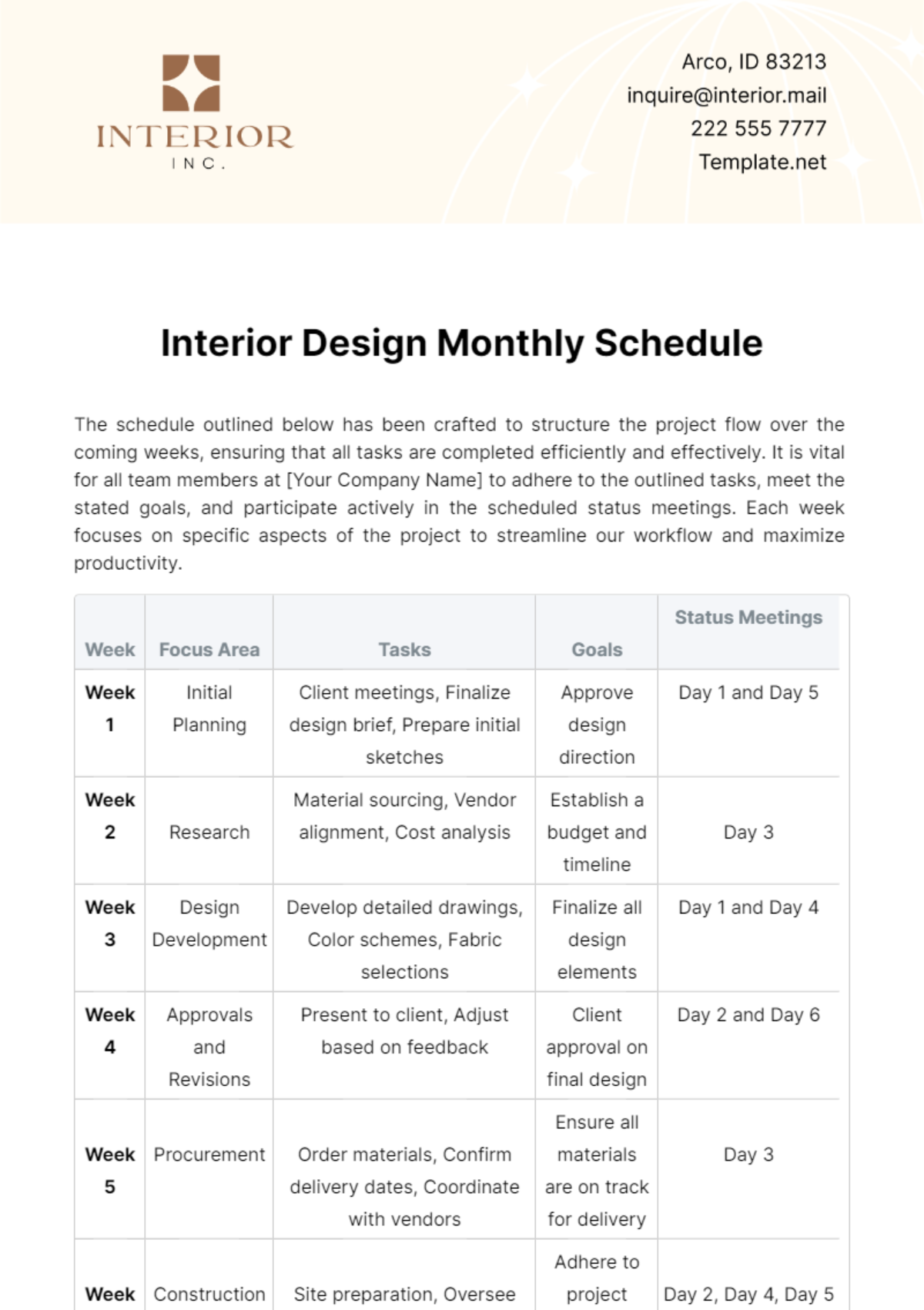 Interior Design Monthly Schedule Template - Edit Online & Download