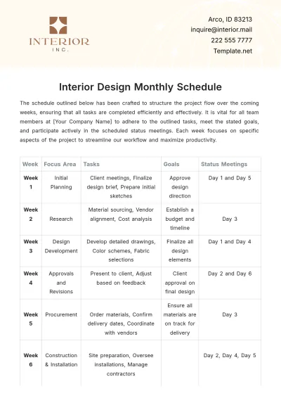 Free Interior Design Monthly Schedule Template to Edit Online