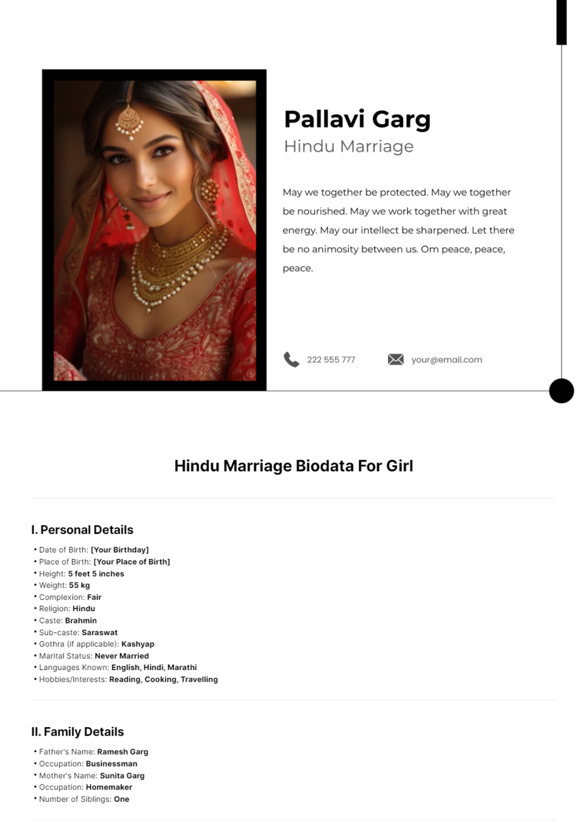 Free Hindu Marriage Biodata For Girl Template to Edit Online