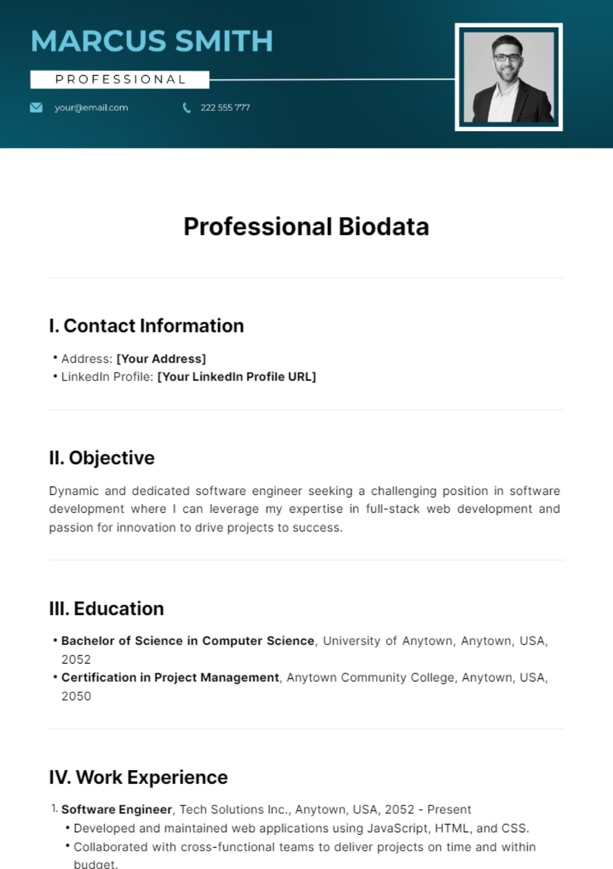 Professional Biodata Template - Edit Online & Download