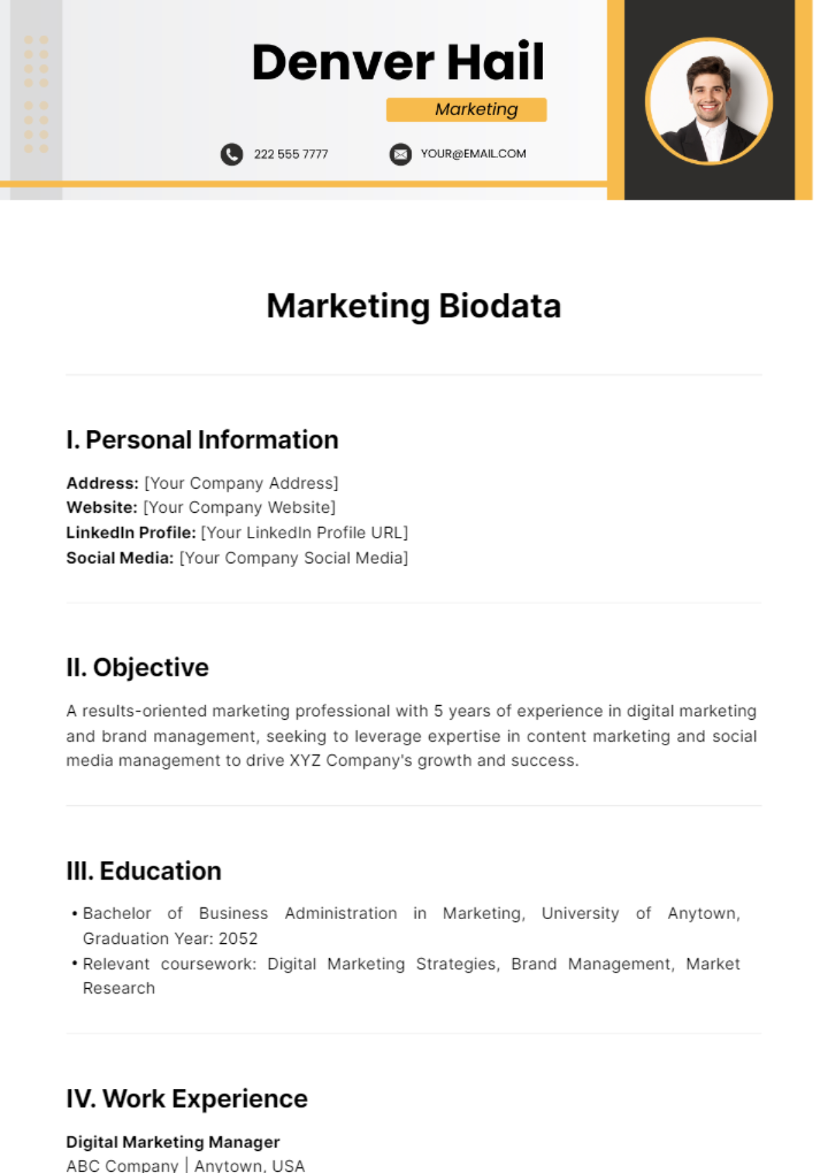 Marketing Biodata Template - Edit Online & Download