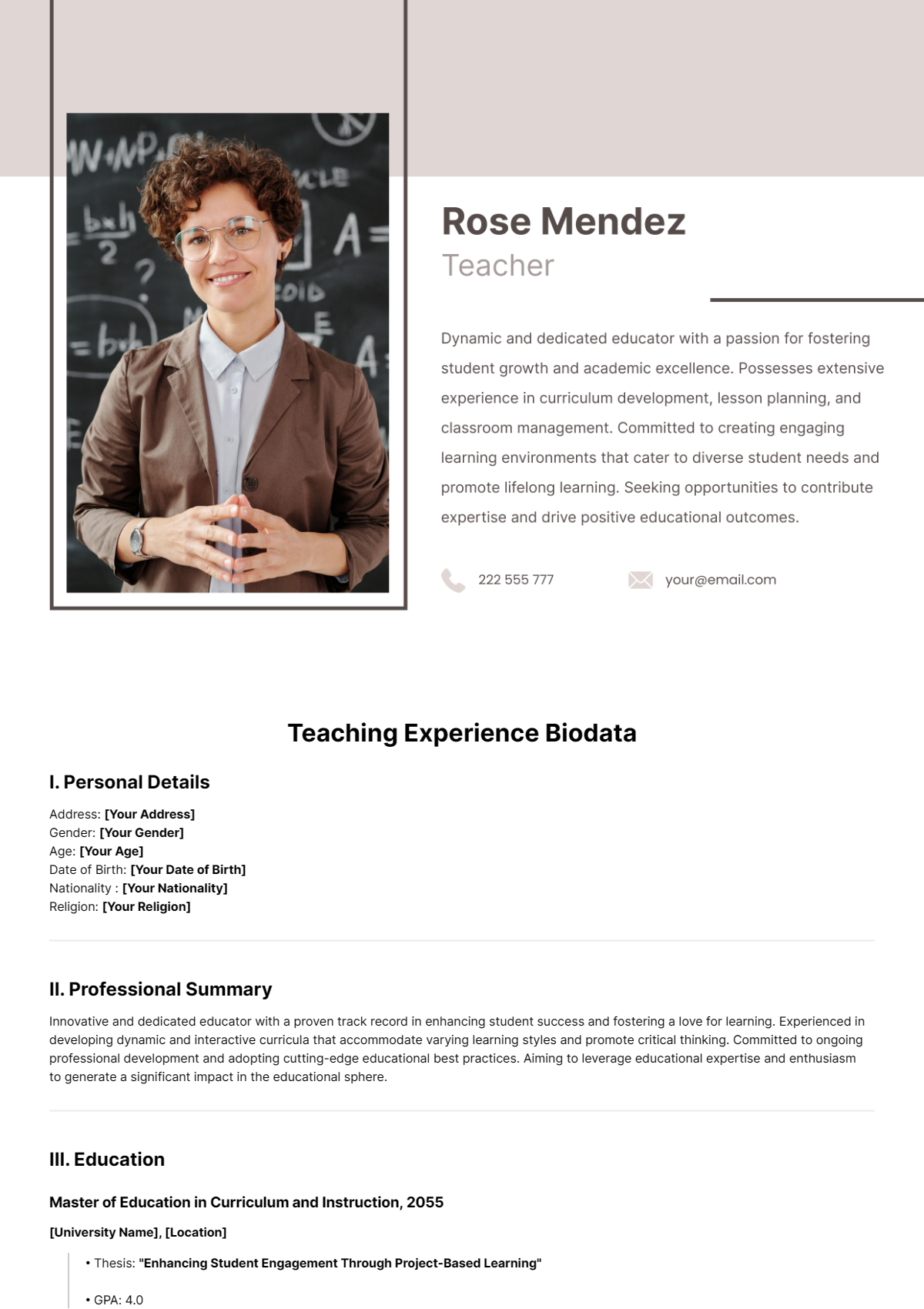 Teaching Experience Biodata Template - Edit Online & Download