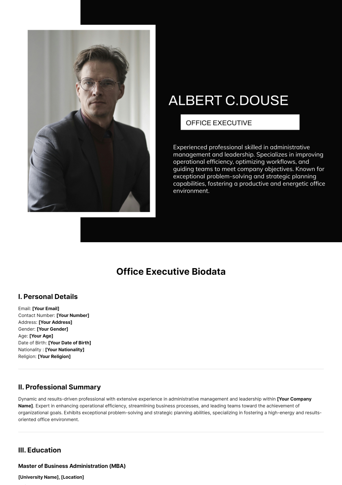 Office Executive Biodata Template - Edit Online & Download