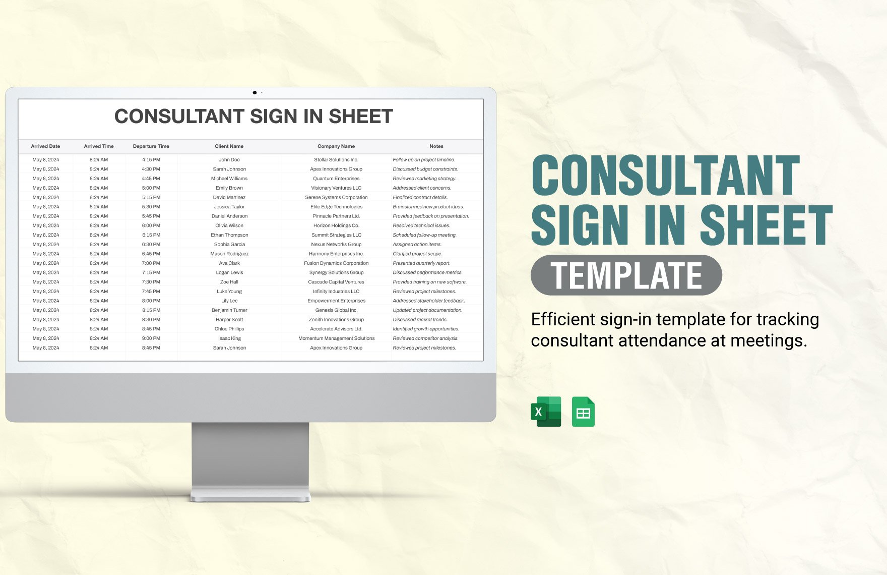 Consultant Sign in Sheet Template in Excel, Google Sheets