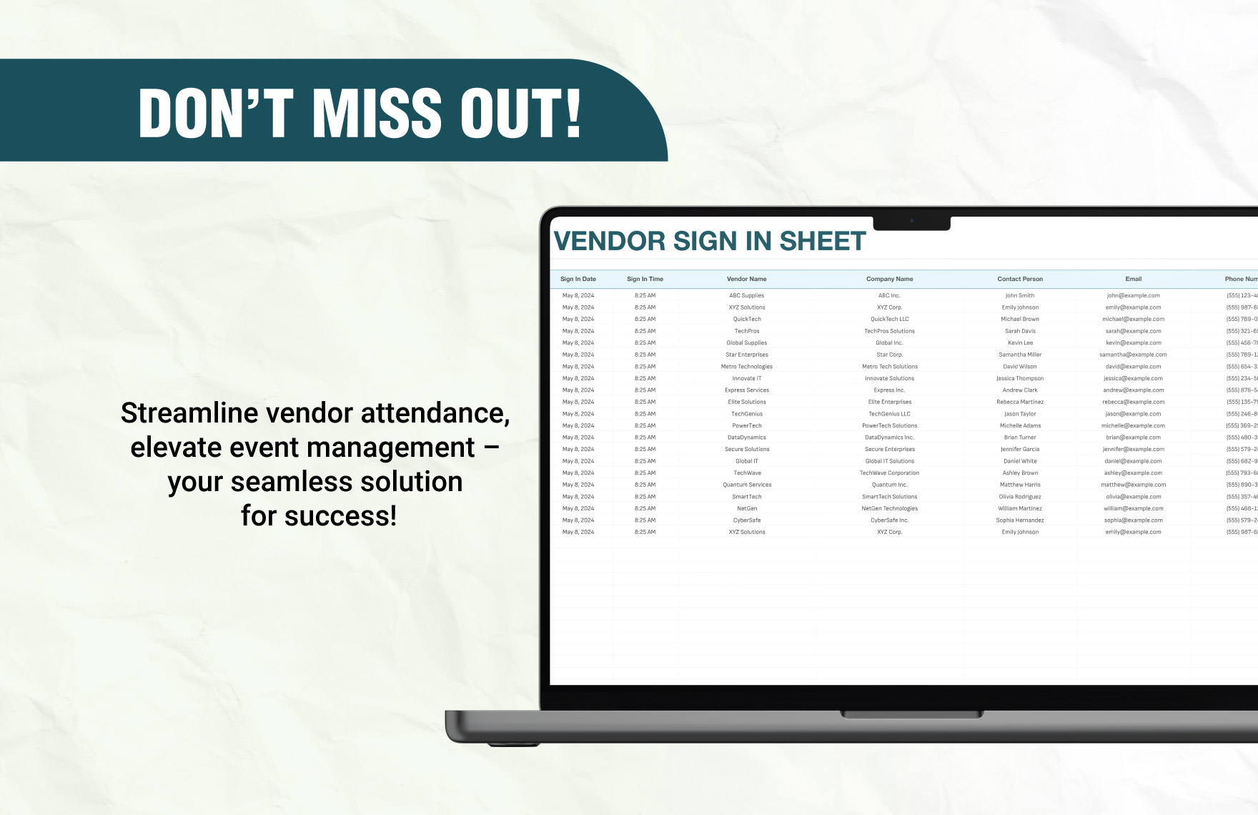 Vendor Sign in Sheet Template