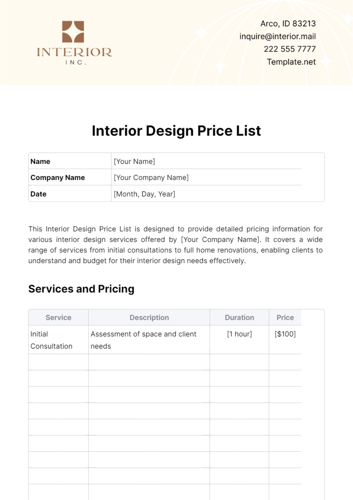 Interior Design Price List Template - Edit Online & Download