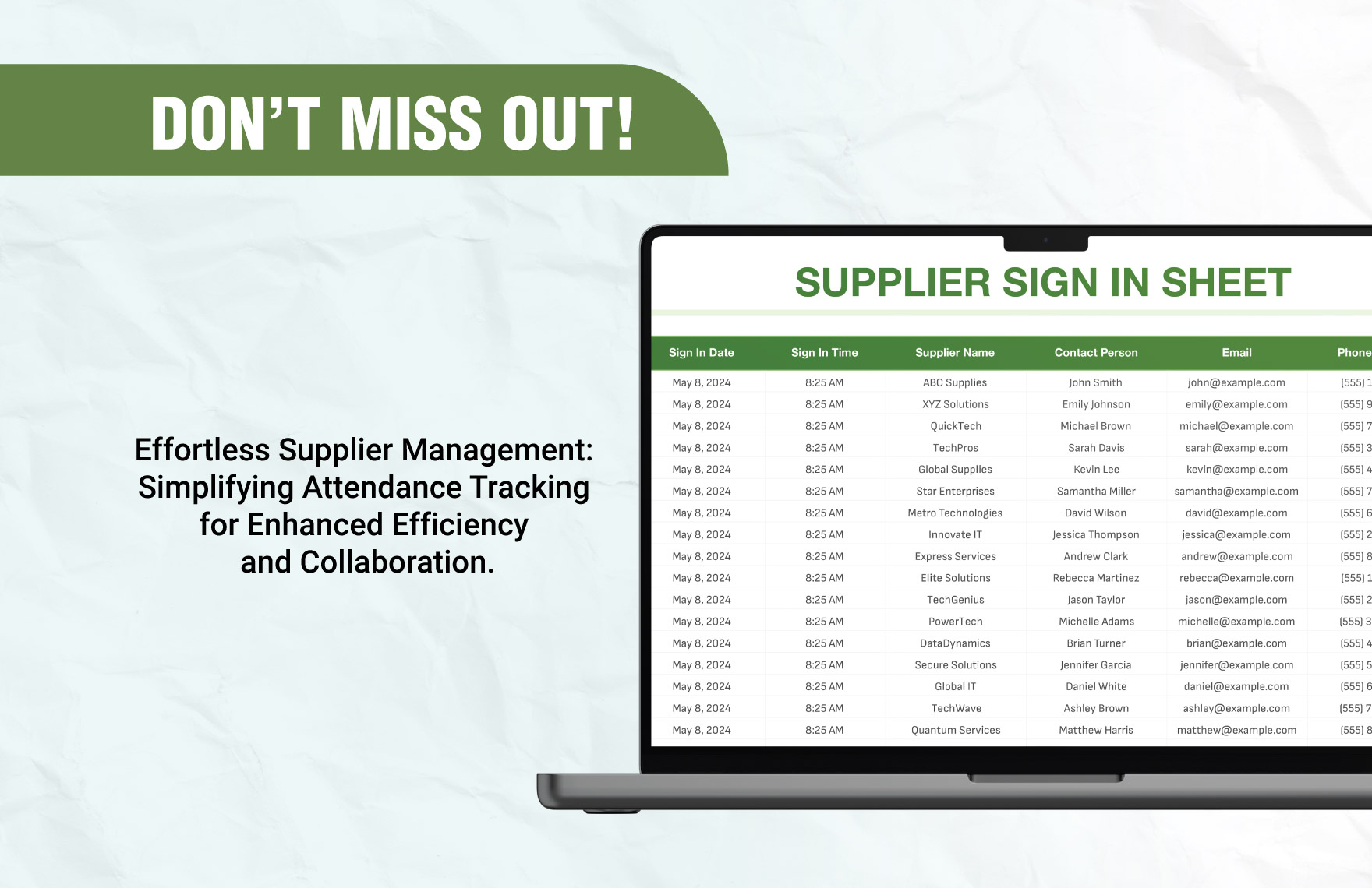 Supplier Sign in Sheet Template