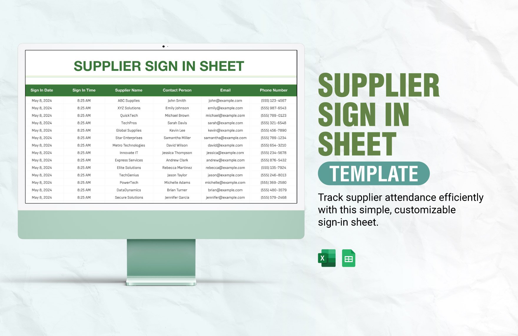 Supplier Sign in Sheet Template in Excel, Google Sheets