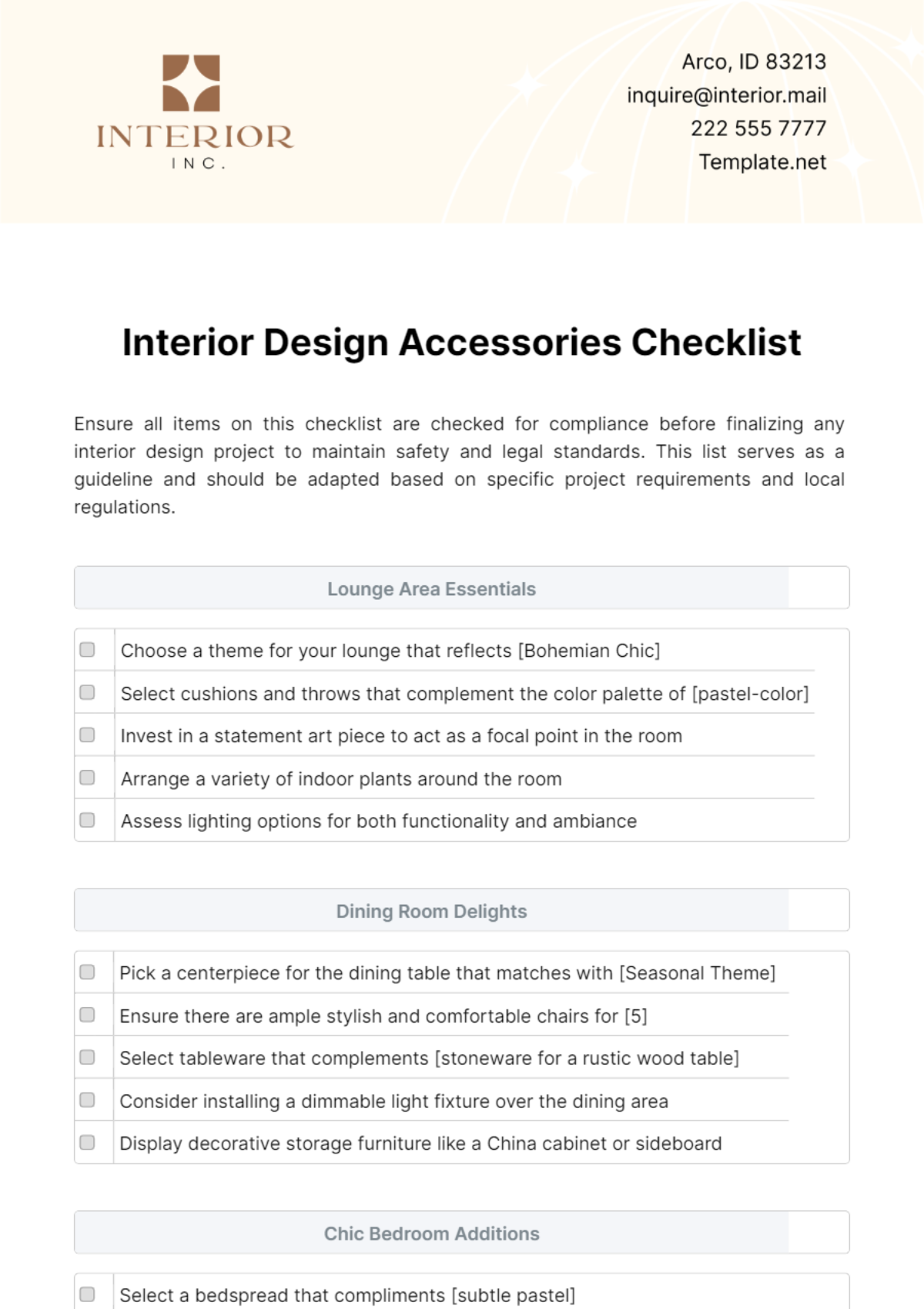 Free Interior Design Accessories Checklist Template