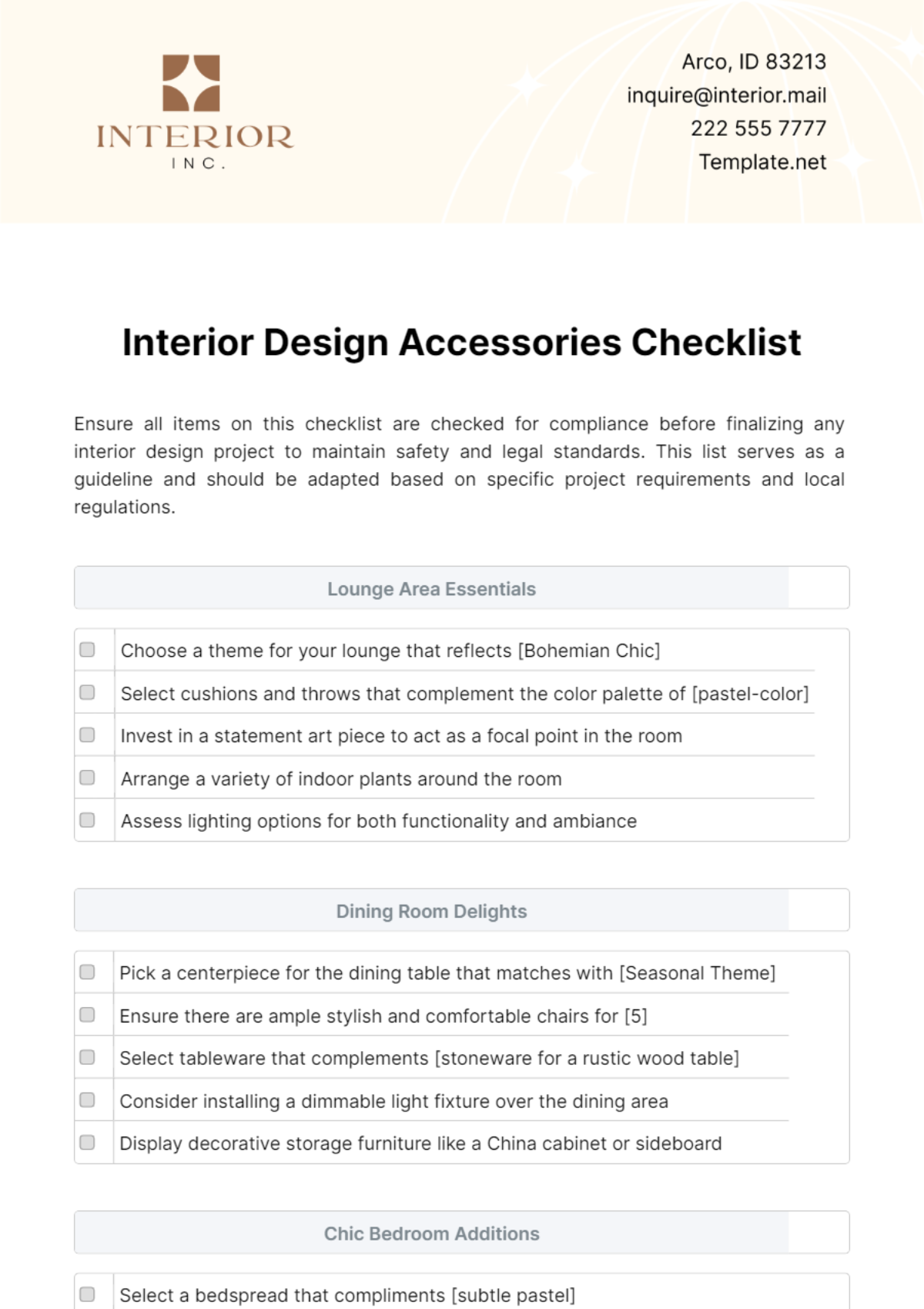 Interior Design Accessories Checklist Template - Edit Online & Download