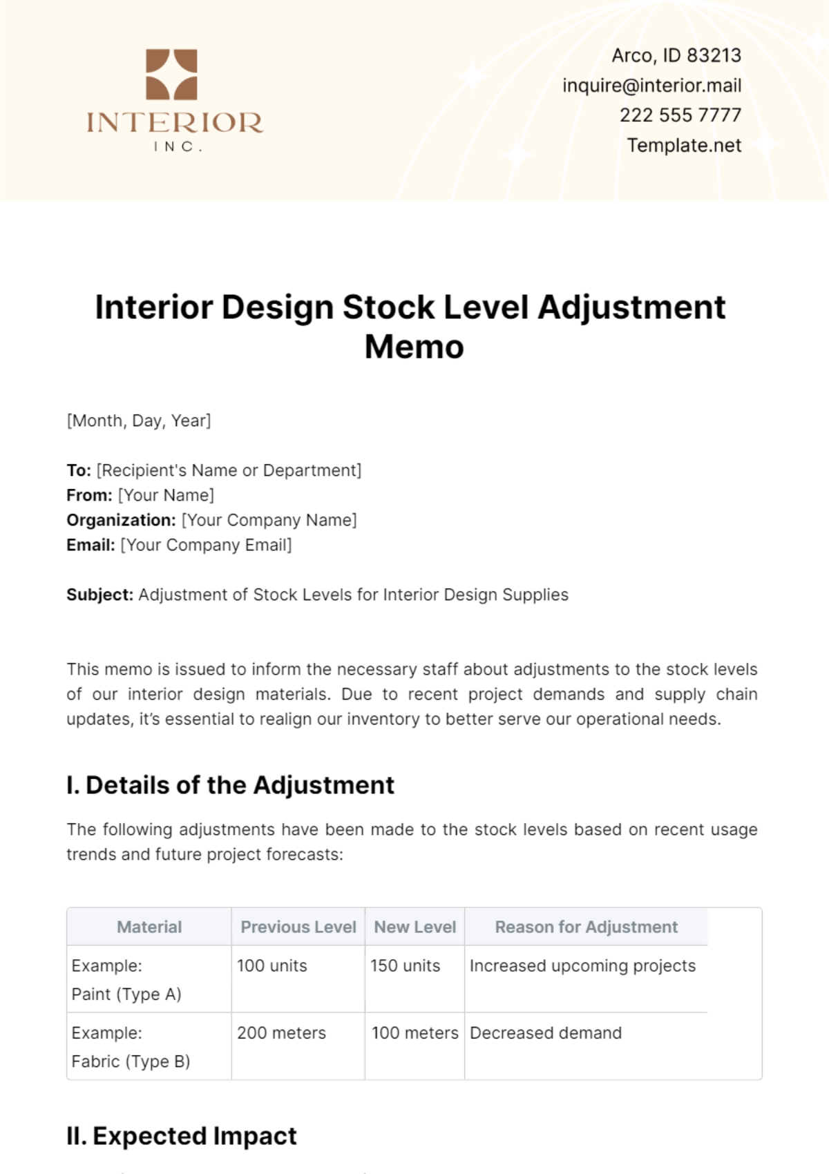 Interior Design Stock Level Adjustment Memo Template - Edit Online & Download