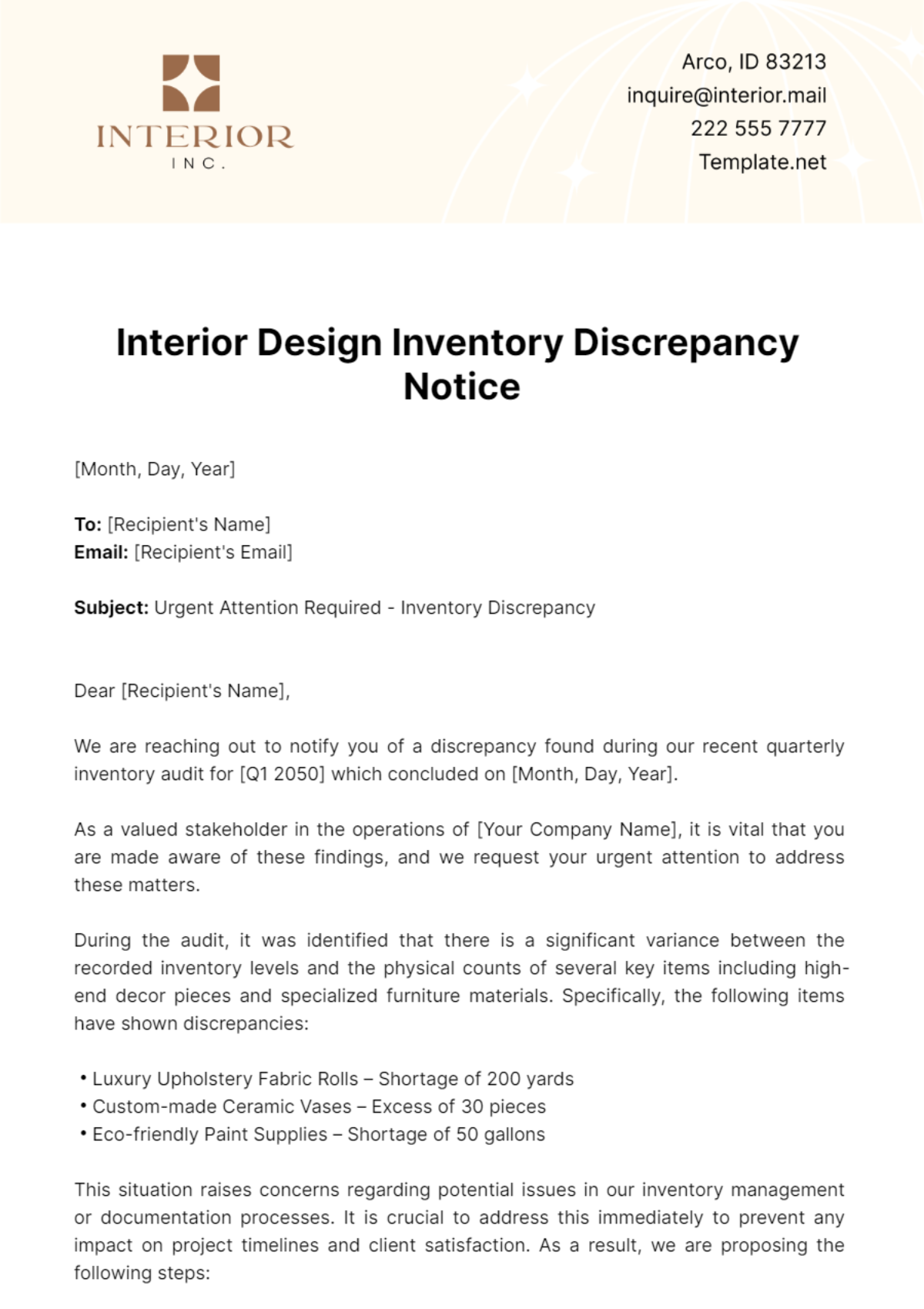 Interior Design Inventory Discrepancy Notice Template - Edit Online & Download