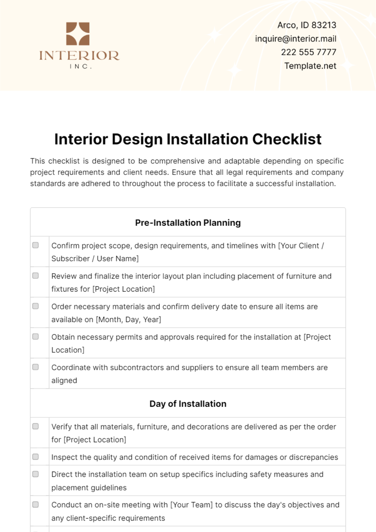 Free Interior Design Installation Checklist Template